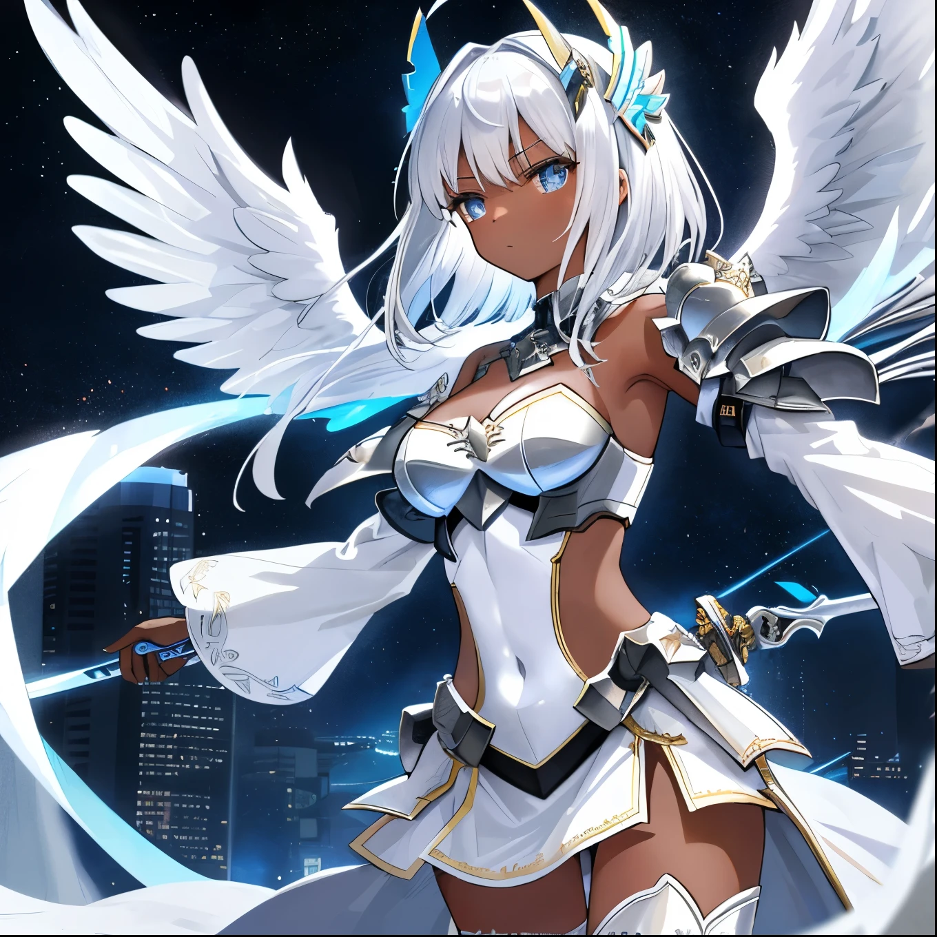 fantasy, 1angel_girl, low_teen, silver_medium_hair,long_bangs, (dark_skin)+, bare_shoulder, navel out, thighhighs,silver_shiny_armor, white_clothes,waist_armor, Glebe, hold_shiny_swords, medium_breasts, dynamic_pose_fighting,Floating, (1pair_white_wings,pelvic_curtain)++, Headgear ,city_sky_background,,slightly_spread_legs, multiple_shiny_swords_floating_around_the_girl