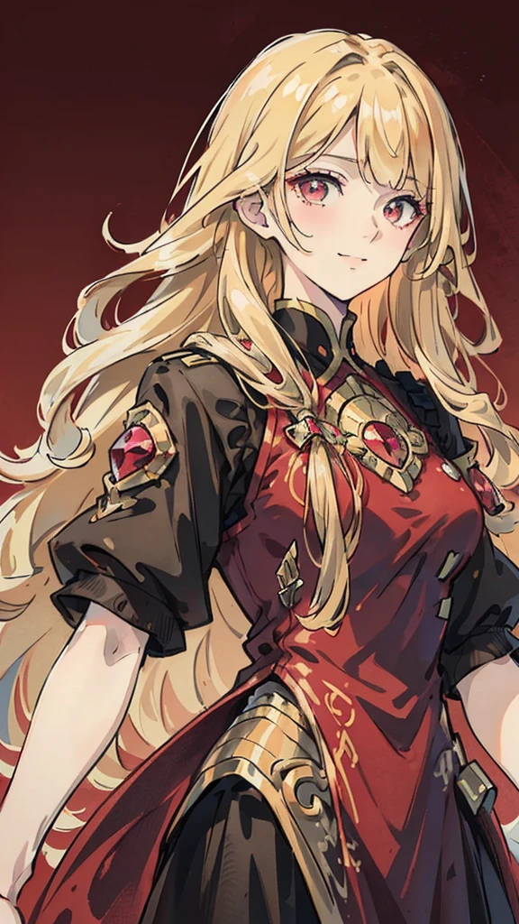 Woman , shoulder-length wavy blonde hair, shoulder-length wavy blonde hair, shoulder-length wavy hair, shoulder-length wavy hair, crimson eyes, crimson eyes, FOV, f1.8, masterpiece, front portrait shot, black and ed casual modern clothing, plain red colored background, smiling, right side bangs
