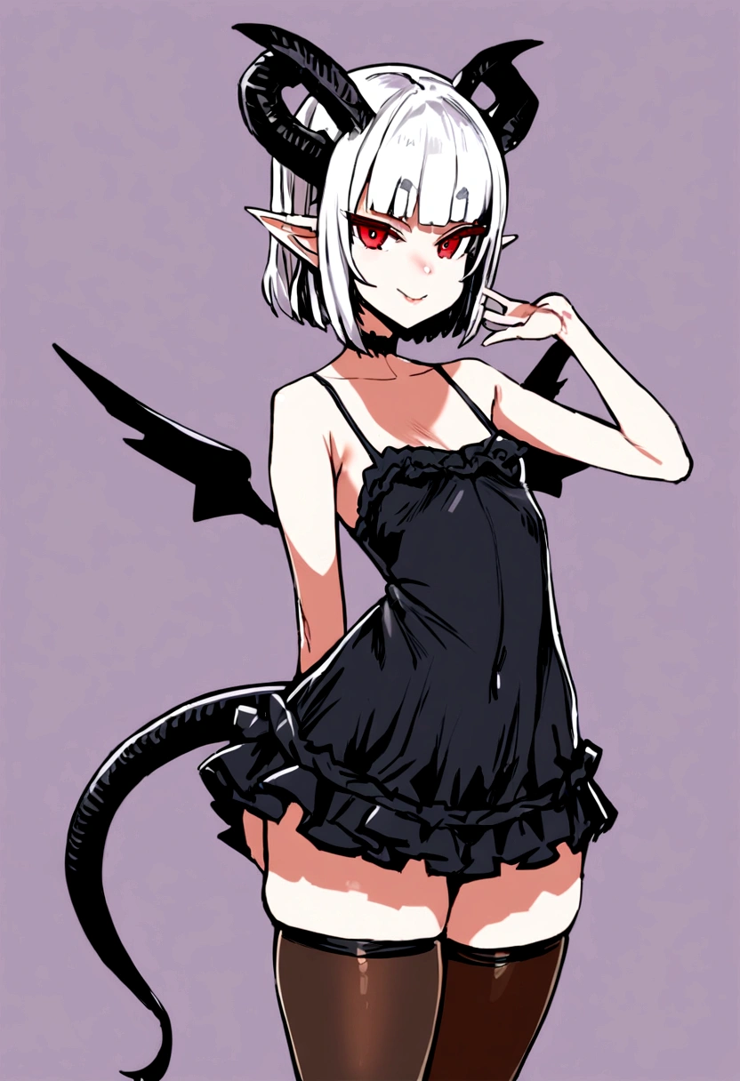 masterpiece, best quality, 1girl, solo, bangs, short hair, white hair, red eyes, smile, pointy ears, horns on the sides of her head, small wings, black pointy tail, small breasts, black choker black camisole, short frilly camisole, black skirt, short skirt, sheer thigh highs, black high heels,, , looking at viewer, cowboyshot