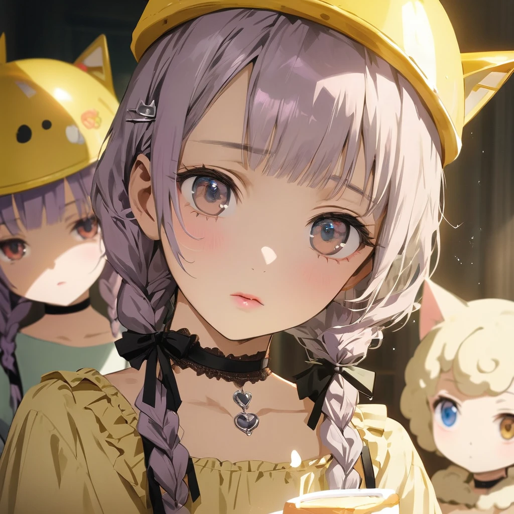 (Cute 3girls:1.5), (first girl with closs hair pin,pale purple hair,wavy two braids,bluntbangs hair,green and black eyes,
pink shirt,cosplay, jirai kei, bangs, black skirt, black bow, looking at viewer, bow, long sleeves, choker, ribbon,pink lips, :1.4),BREAK,(second girl with a short brown haircut wearing a yellow helmet, cat ears on the helmet, brown eyes, a yellow dress:1.3), BREAK,(third girl with silver long hair, blue eyes,wearing a white sheep's headgear:1.3), BREAK, (masterpiece:1.3), anime visual, (Lovey-dovey:1.5), (tilt head:1.3), extremely delicate face, soft clean focus, realistic lighting and shading, (an extremely delicate and beautiful art:1.3), elegant, (muted colors:1.1), the three of them drinking tea together, a cake stand between them,