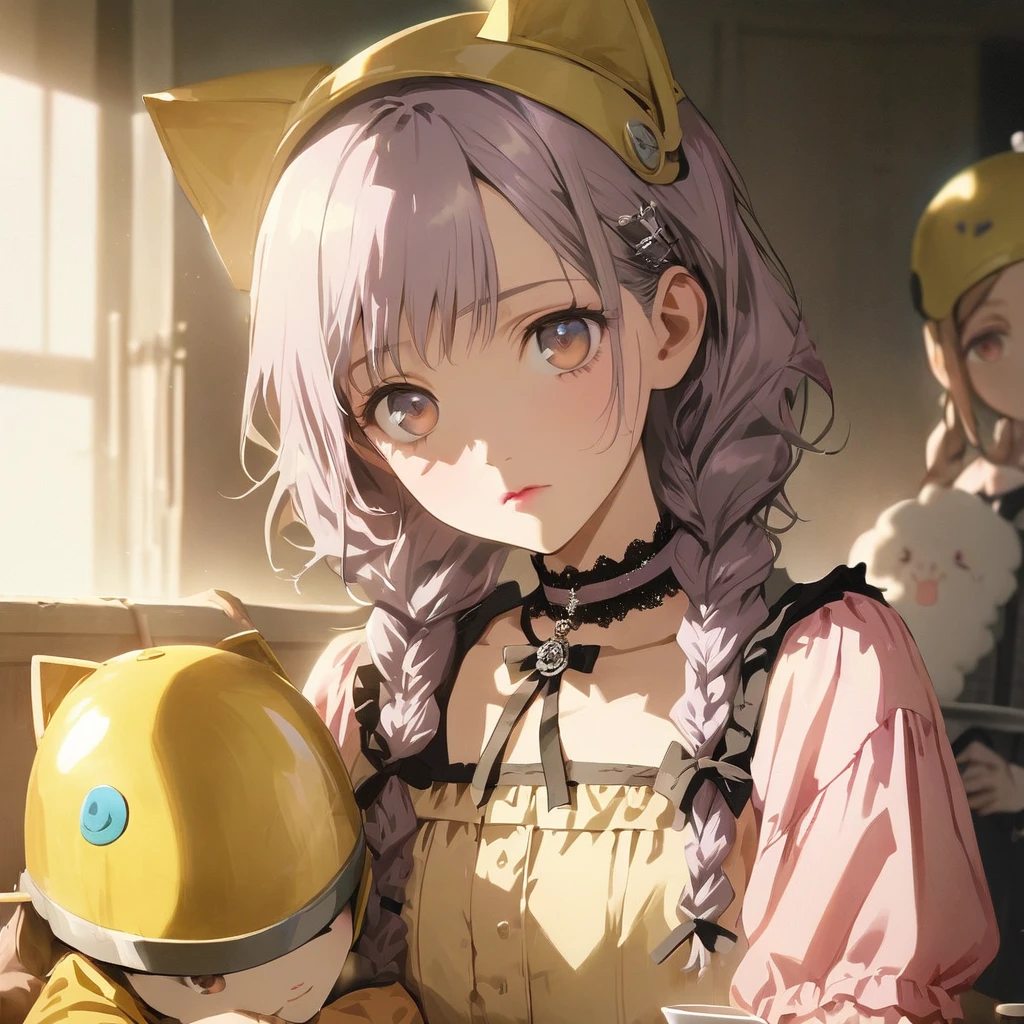 (Cute 3girls:1.5), (first girl with closs hair pin,pale purple hair,wavy two braids,bluntbangs hair,green and black eyes,
pink shirt,cosplay, jirai kei, bangs, black skirt, black bow, looking at viewer, bow, long sleeves, choker, ribbon,pink lips, :1.4),BREAK,(second girl with a short brown haircut wearing a yellow helmet, cat ears on the helmet, brown eyes, a yellow dress:1.3), BREAK,(third girl with silver long hair, blue eyes,wearing a white sheep's headgear:1.3), BREAK, (masterpiece:1.3), anime visual, (Lovey-dovey:1.5), (tilt head:1.3), extremely delicate face, soft clean focus, realistic lighting and shading, (an extremely delicate and beautiful art:1.3), elegant, (muted colors:1.1),  the three of them drinking tea together, a cake stand between them,