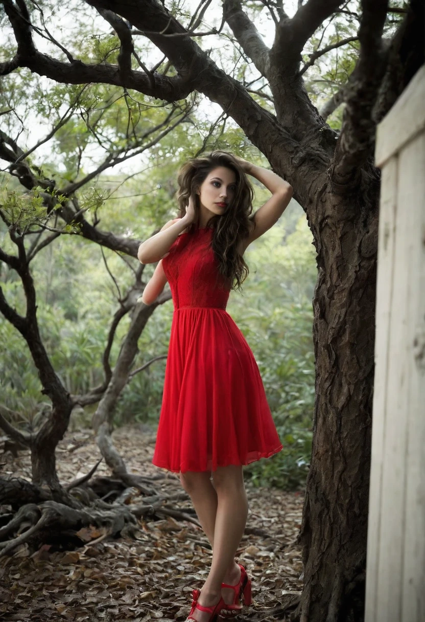 Crea la imagen de una chica en lenceria roja acostada de espaldas en un cuarto obscuro con unaventana abierta donde se ve un arbol