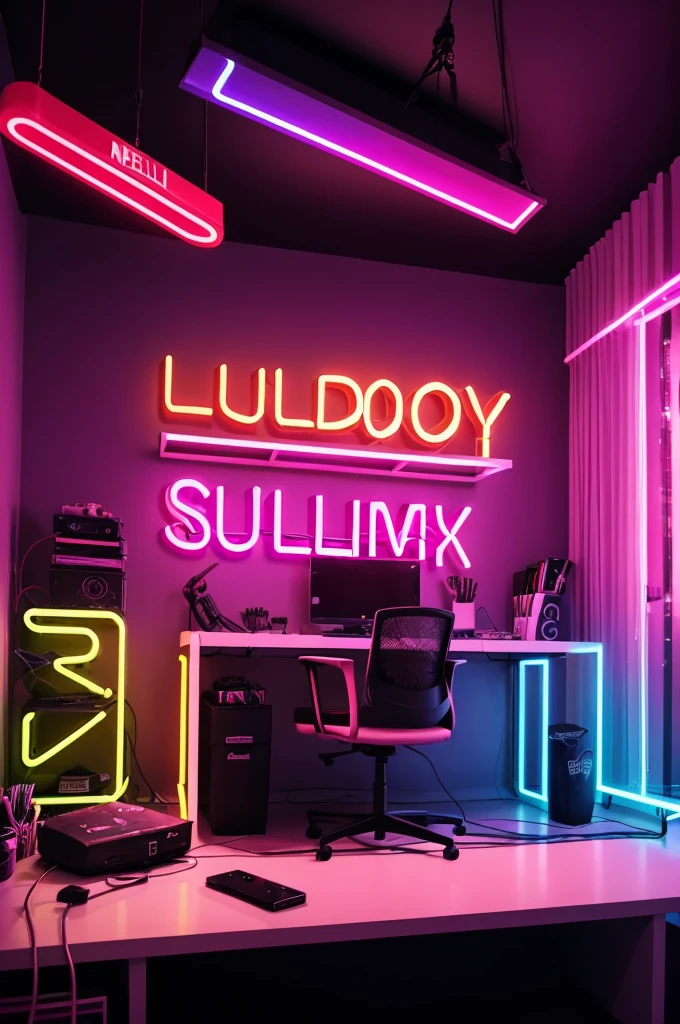 Create an image of youtuber's studio room with a subtitle neon glow,make a statement with bold "mujju_.editz" lettering make sure that text hello is not misspelled