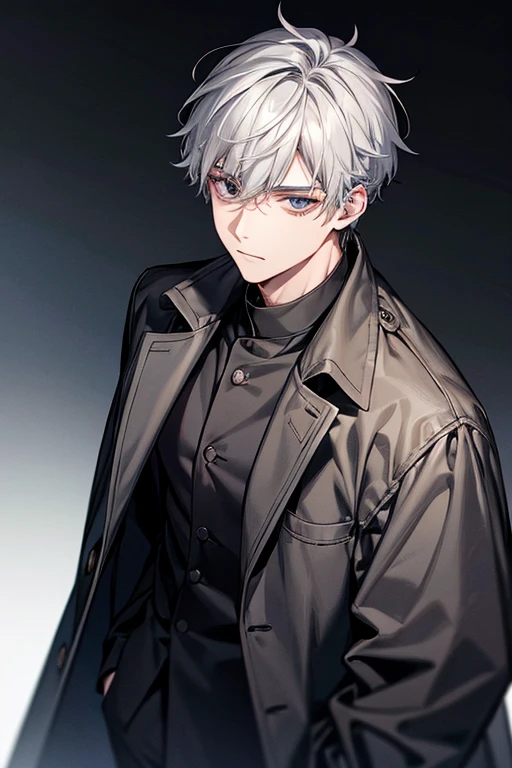 masterpiece, best quality, face detail, alone, male, gray hair, black eye, black coat, black shirt, 20-year-old boy, hyundai, black background