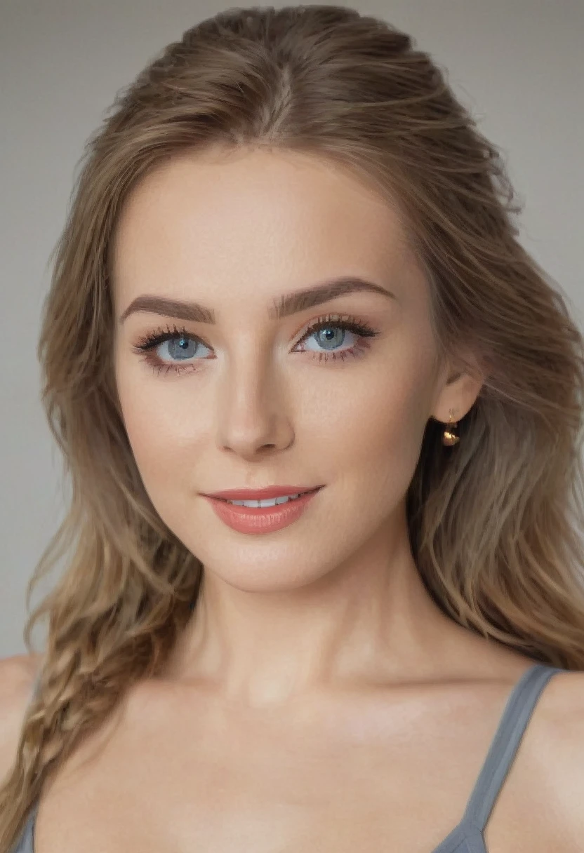 a russian lady,highest quality. big eye,fullbody, woman posing confidently in front of a crisp background, her long hair flowing down her back like a golden waterfall. Radiant smile illuminates her face as she showcases her toned physique in yoga shorts and crop top. Camera zooms in with sharp focus on her eyes, highlighting individual skin pores and every detail. Shot in 8K high definition, perfectly lit to emphasize her beauty. Edited in Adobe Lightroom for optimal color accuracy, this ultra-detailed masterpiece captures her elegance and charm.red