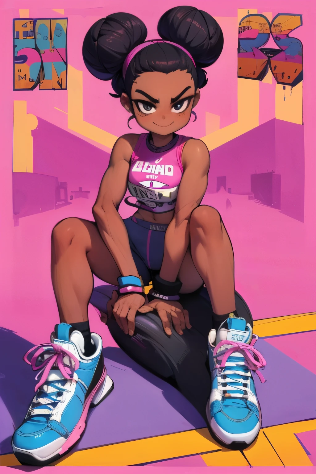 comics, 1980s Style, masterpiece, Dramatic, Movie, whole body, dynamic view, Medium, HD8K quality，Alicia，，Black Girl，african hairstyle, Hair Bun, Pink sleeveless crotchless top，Pink Skinny Bike Shorts，Blue sneakers，Cool smile，naughty attitude，Neighborhood alleys in big cities,