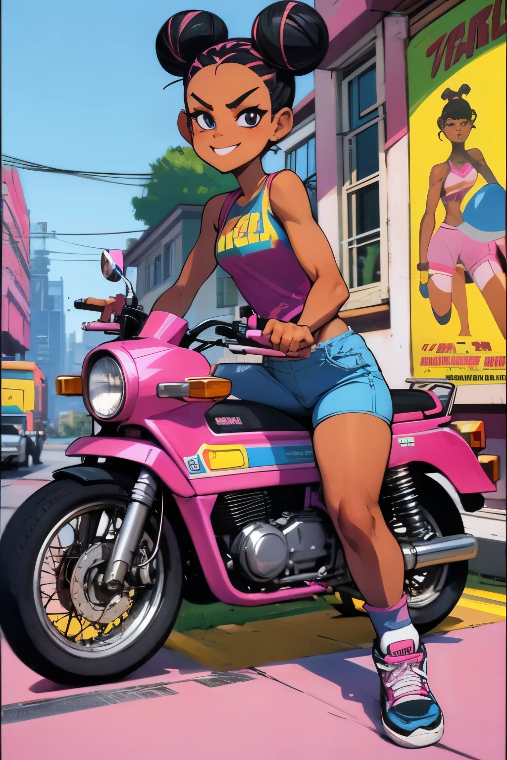 comics, 1980s Style, masterpiece, Dramatic, Movie, whole body, dynamic view, Medium, HD8K quality，Alicia，10 years old，Black Girl，african hairstyle, Hair Bun, Pink sleeveless crotchless top，Pink Skinny Bike Shorts，Blue sneakers，Cool smile，naughty attitude，Neighborhood alleys in big cities,