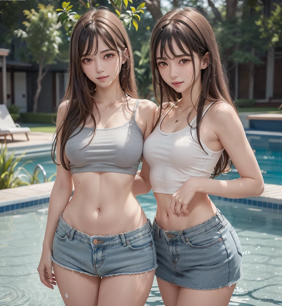 full body from head to toe detailed, seductive, smooth skin, blushing cheeks, eye contact, high detail, female facial features, male part, best quality, photorealistic, high resolution, photography, : 1.3), close-up, sharp focus, 1 girl, European girl, hotmodel, Abdomen, Highly detailed eyes and pupils, Realistic skin, Slim body shape, long facial hair Detailed, delicate and sexy, organoleptic gas, bright lips, ((sleeveless tubular shirt denim miniskirt), ( (Realistic, Super realistic, Realism, realistic detail), super long straight hair, wavy bangs, beautiful blonde girl, the most beautiful, cute, in the yard of a house with a pool, with people in the pool