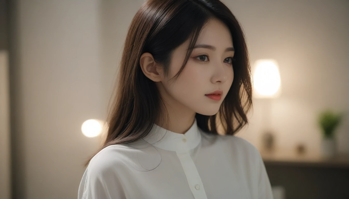 Close up of beautiful Korean woman, 34 inch chest size, wearing a long-sleeved shirt, skirt, Bokeh background indoors, night, back of head, UHD