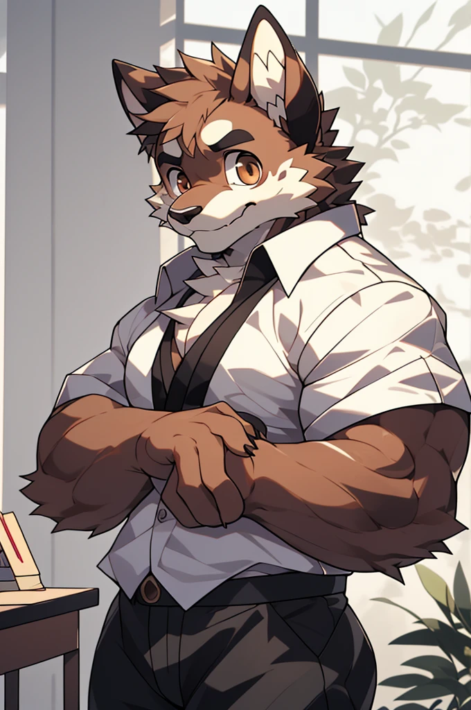 (highest resolution, Dynamic HDR, 4k, full HD) , furry, About 30 years old, หมาป่าขนbrown, ตัวbrown, brown_eyes, Random clothes, A little embarrassed, shrink, upper body, round_cornea ,muscle ,Professor ,teacher ,Big one