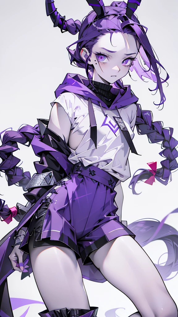 boy rabbit thoughtful look open forehead. dark purple hair braided into a ponytail on the left side. sinuous black horns wrapped in dark purple ribbon. pale violet eyes. in short dark purple shorts. long white T-shirt. dark purple knee-high socks. white long cloak with hood inside. stone walls purple light