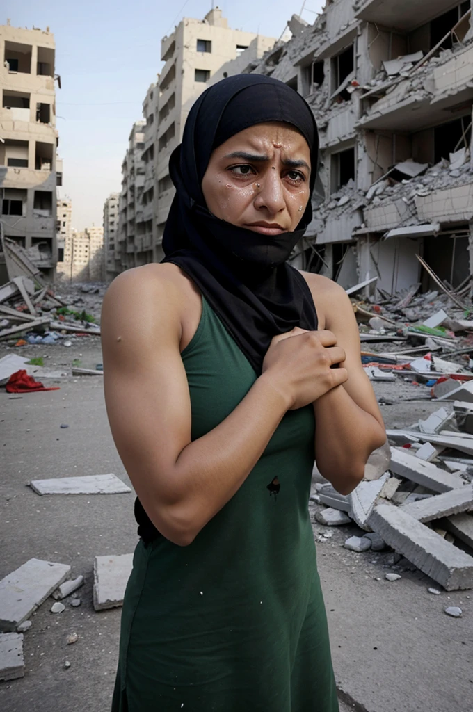 create a 3d illusion photo where Palestinian Muslim crying with their martyred in their arm, in demolished city.