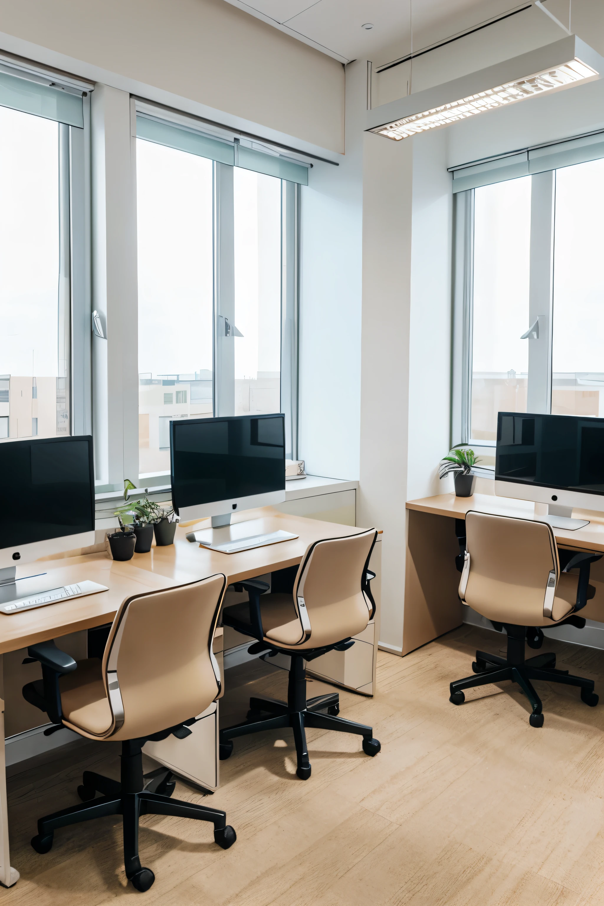 Beige office coworking interior with pc monitors and armchairs in row, window