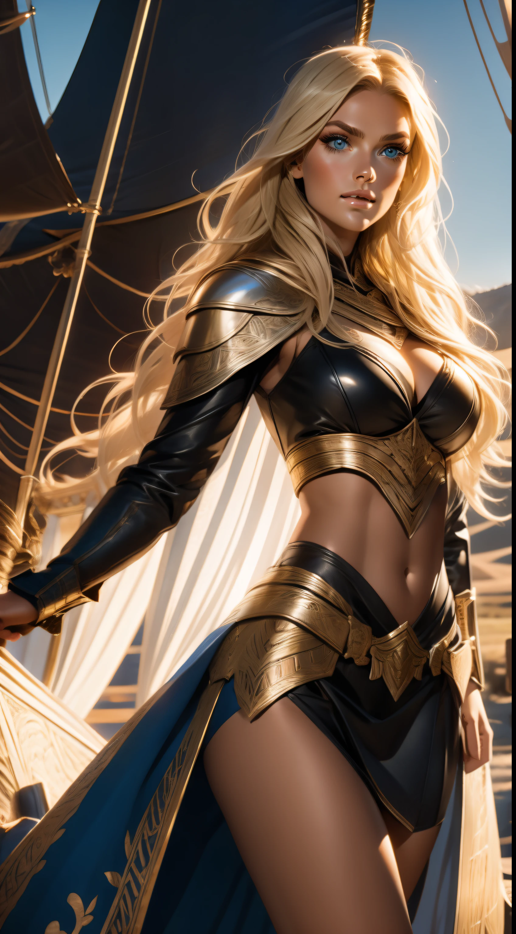 Gorgeous Woman, Valkyrie, Long blonde hair, blue eyes, detailed facial features, proportional hands, proportional fingers, leather armor, fur cape, viking ship,
