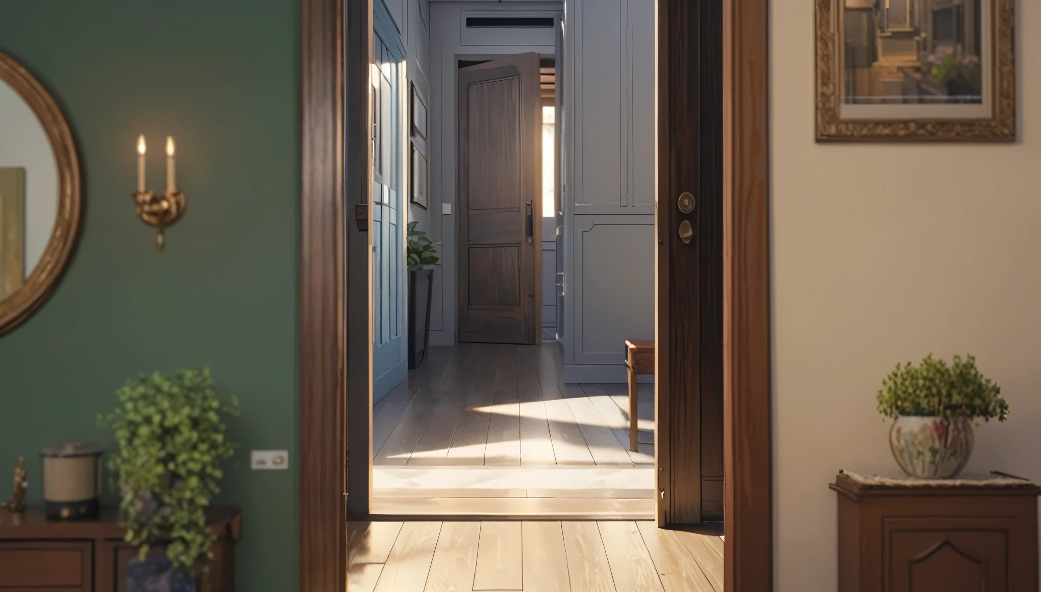 (best quality, 4k, 8K, high resolution, masterpiece: 1.2), Very detailed, (nobody: 1.5), Outside the door，Open door， indoor，cozy indoor, lamp, bookshelf, Potted plants