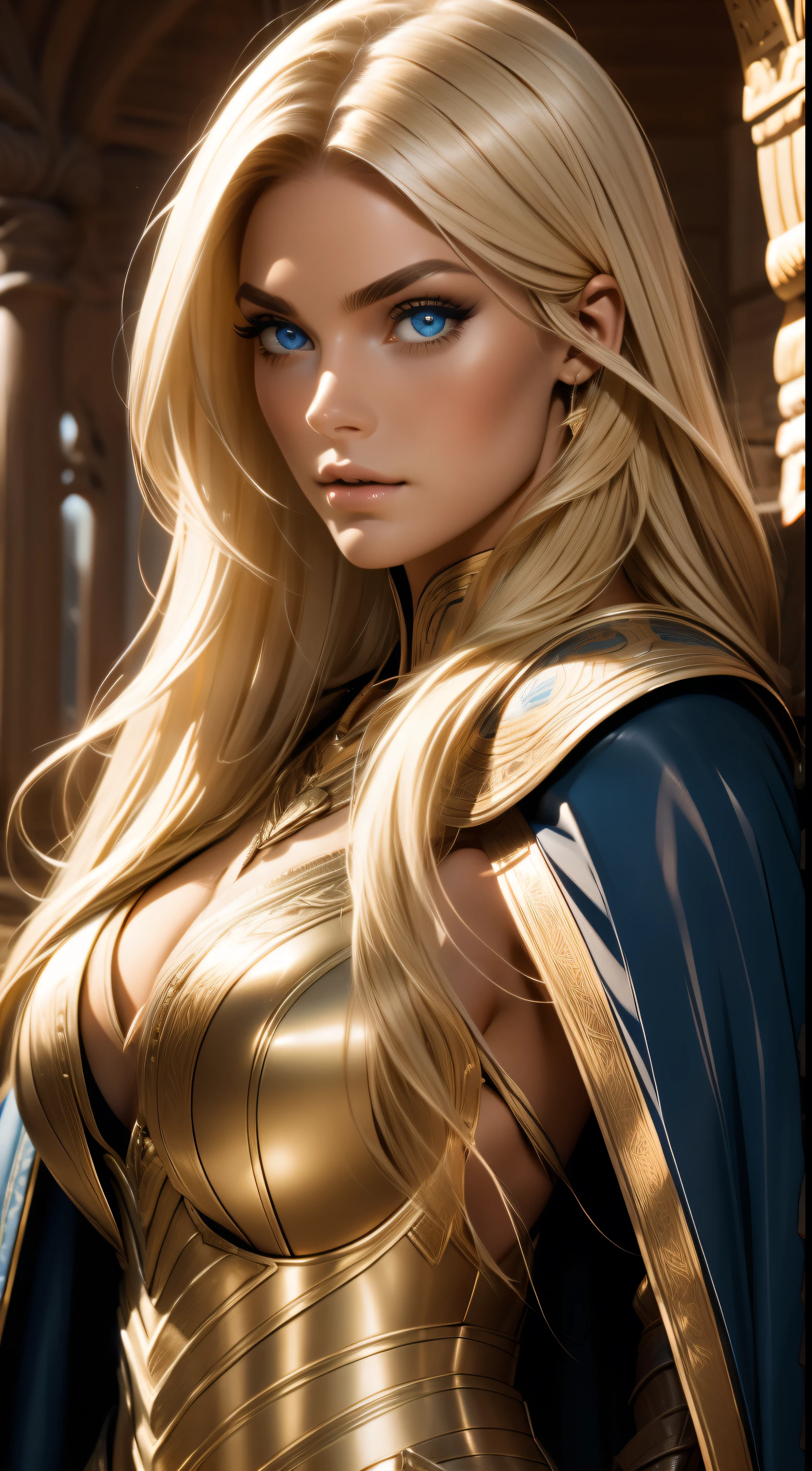 Gorgeous Woman, Valkyrie, Long blonde hair, blue eyes, detailed facial features, proportional hands, proportional fingers, leather armor, fur cape, viking ship,