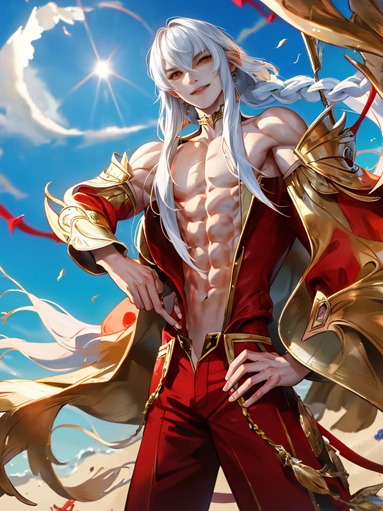 man, masculine, masculine face, attractive, muscular, ((man)), masterpiece, absurdres, best quality ,intricate details , (shiny skin, shiny body, shiny oily luster skin, shiny hair, pale skintone), Sundown, attractive, ((muscular)), , one, earrings, Don't look at the view , Not looking at the view, silver hair, braided hair, perfect detailed face, perfect detailed hands, triton, fins, red eyes, triton earLS)), smirk, medium large shoot, marine ornaments, beach in the background, fish tail, ((from below))