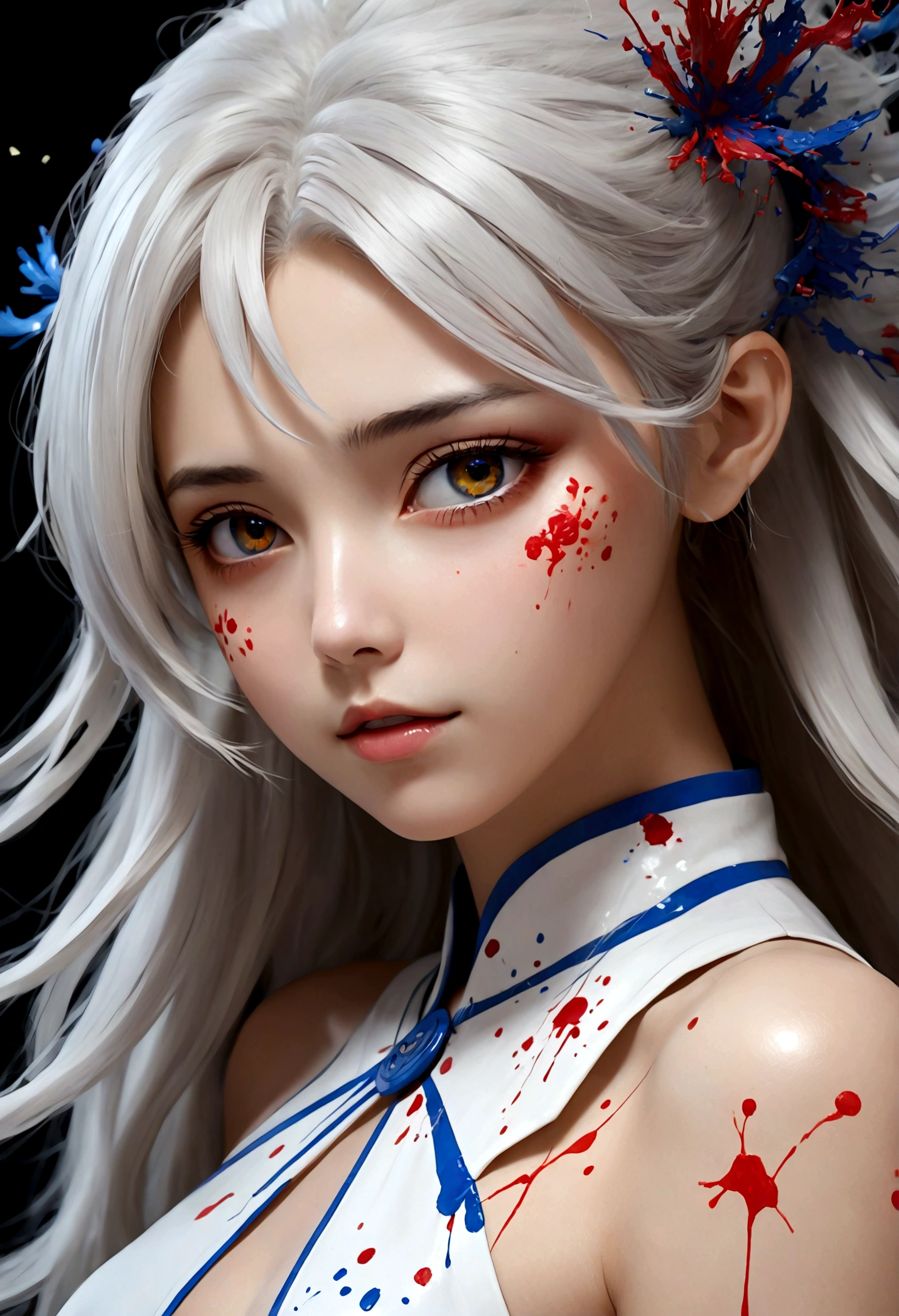 masterpiece, Highest quality, (Highly detailed CG Unity 8k wallpaper, masterpiece, Highest quality, Super detailed, Best Shadow), (Detailed Background), (Beautifully detailed face, Beautiful attention to detail), High Contrast, (Best lighting, Very delicate and beautiful),One girl,((Colorful paint splatters on a transparent background, Dulux,)), ((caustic)), Dynamic Angle,Beautiful sparkle,whole body, Paint splatters on the face. Close-up of a long-haired woman in a costume, Anime drawings inspired by INO, Topics on pixiv, Conceptual Art, White-haired God, onmyoji portrait, detailed Digital anime art, Anime Goddess, Female Anime Characters, Digital anime art, advanced Digital anime art, Stunning Anime Face Portraits, Beautiful and attractive anime woman, Beautiful Anime Woman, Medium chest,,