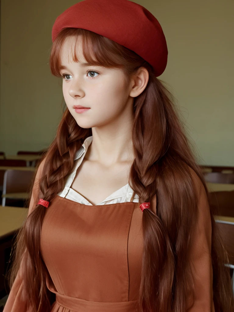 (best quality,4k,8k,highres,masterpiece:1.2),ultra-detailed,(realistic,photorealistic,photo-realistic:1.37), ((classroom, school girl, she wears long dress and beret, shy, braided red hair, pale skin)), ((slim body, very large bust size for her young age))