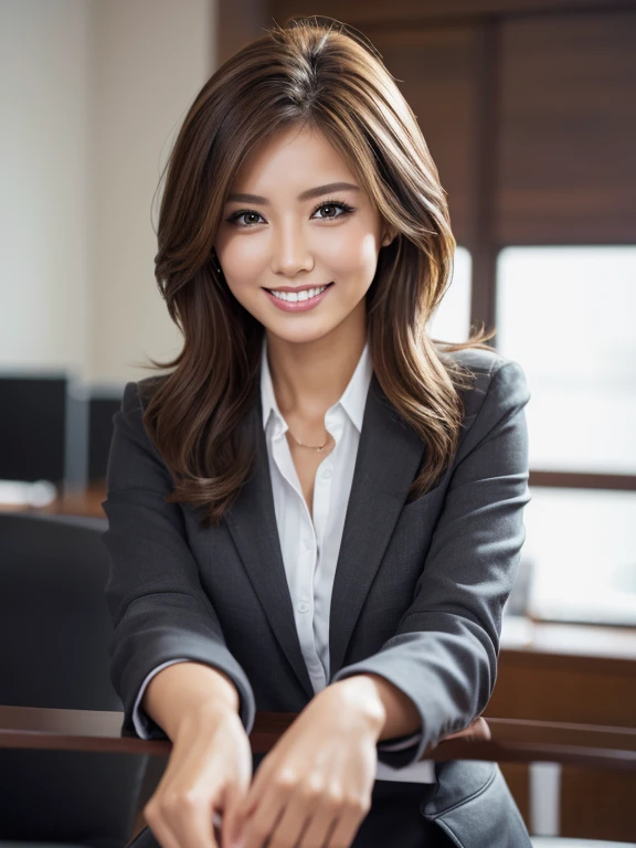 Tabletop, Highest quality, Realistic, Very detailed, finely, High resolution, 8k wallpaper, 1. Beautiful woman,, Light brown messy hair, Wearing a business suit, Sharp focus, Perfect dynamic composition, finelyて美しい目, Thin Hair, Detailed and Realistic skin texture, smile, Model Body Type、Beautiful feet、office、smile、