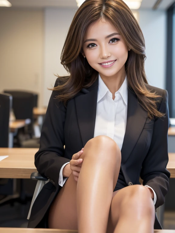 Tabletop, Highest quality, Realistic, Very detailed, finely, High resolution, 8k wallpaper, 1. Beautiful woman,, Light brown messy hair, Wearing a business suit, Sharp focus, Perfect dynamic composition, finelyて美しい目, Thin Hair, Detailed and Realistic skin texture, smile,  Model Body Type、Beautiful feet、office、smile、