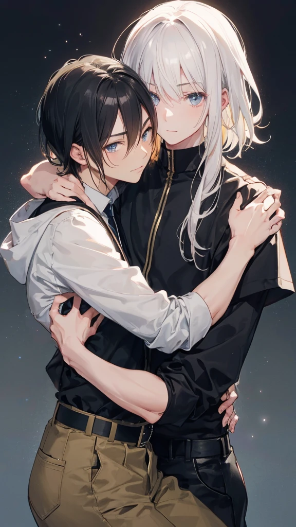 (Only two men)Man with black hair and blond eyes,Hug another white-haired man。Two men with arms folded