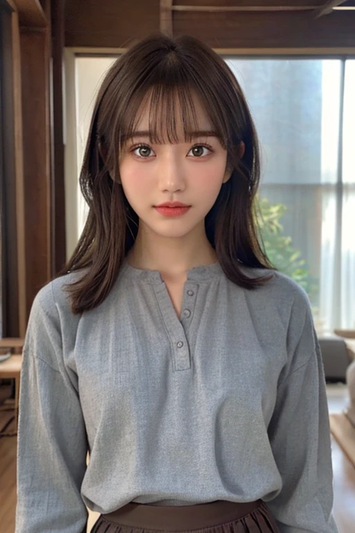 One Girl, (Beautiful girl, Delicate girl:1.3), (:1.3),
break, (Grey long shirt, one piece:1.2),
break, (panties, Flip up the skirt:1.3), perfectly trimmed fingers,
break, Very beautiful eyes, (Symmetrical eyes:1.3),
break, Small breasts, Brown eyes, Parted bangs, Brown Hair, (Upper teeth, The best smile:0.2),
break, (Eye and facial details:1.0),
break, (masterpiece, Highest quality, Super detailed, Detailed face, 8k)