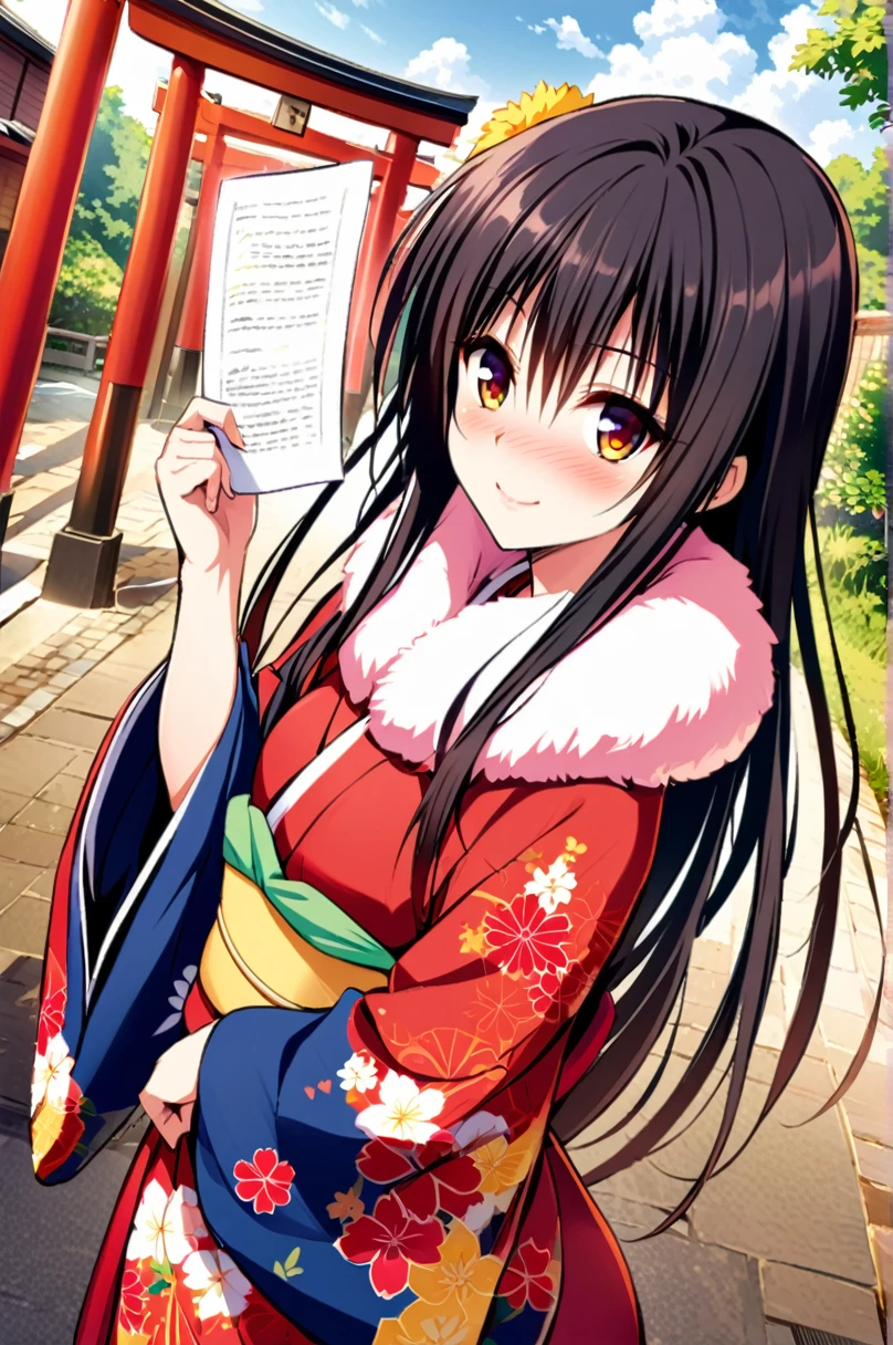 One girl,kotegawa yui,alone,japanese Clothes,smile,hair ornaments,kimono,blush,sash,heart,View your viewers,Long black hair,Space-colored eyes,Looking up,Holding,torii,Outdoor,red kimono,Floral print,Day,Mouth closed,Long sleeve,Wide sleeves,Upper Body,paper,Day光,print kimono,bangs,nose blush,Fur collar,Blurred,amount,Hair between the eyes,Pom-pom (Clothes),