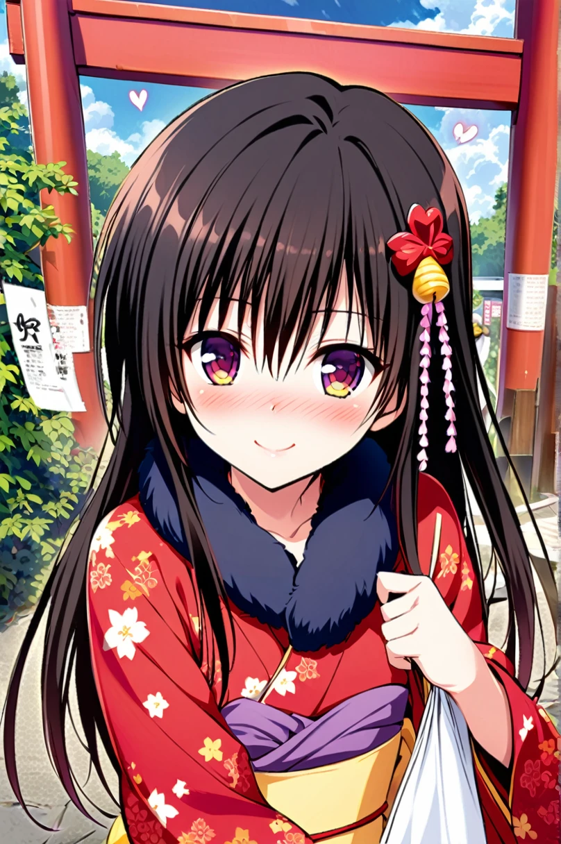 One girl,kotegawa yui,alone,japanese Clothes,smile,hair ornaments,kimono,blush,sash,heart,View your viewers,Long black hair,Space-colored eyes,Looking up,Holding,torii,Outdoor,red kimono,Floral print,Day,Mouth closed,Long sleeve,Wide sleeves,Upper Body,paper,Day光,print kimono,bangs,nose blush,Fur collar,Blurred,amount,Hair between the eyes,Pom-pom (Clothes),