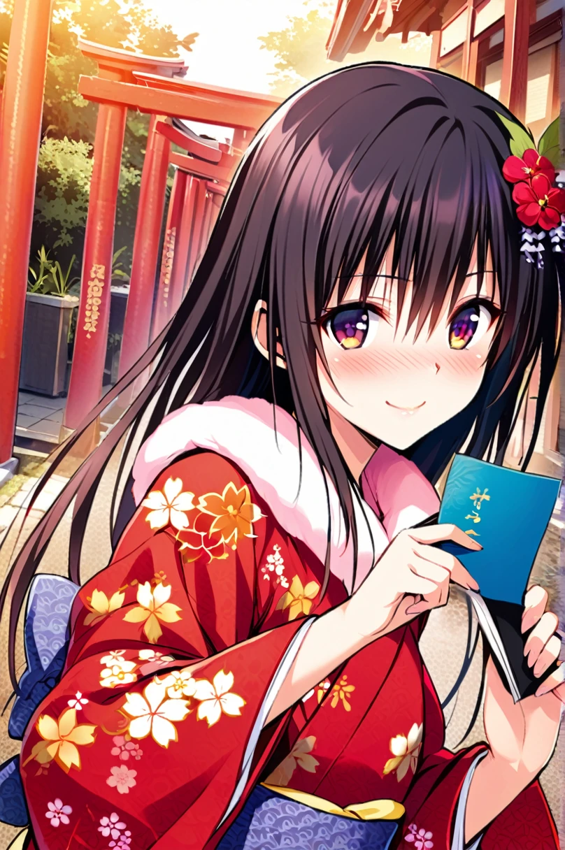 One girl,kotegawa yui,alone,japanese Clothes,smile,hair ornaments,kimono,blush,sash,heart,View your viewers,Long black hair,Space-colored eyes,Looking up,Holding,torii,Outdoor,red kimono,Floral print,Day,Mouth closed,Long sleeve,Wide sleeves,Upper Body,paper,Day光,print kimono,bangs,nose blush,Fur collar,Blurred,amount,Hair between the eyes,Pom-pom (Clothes),