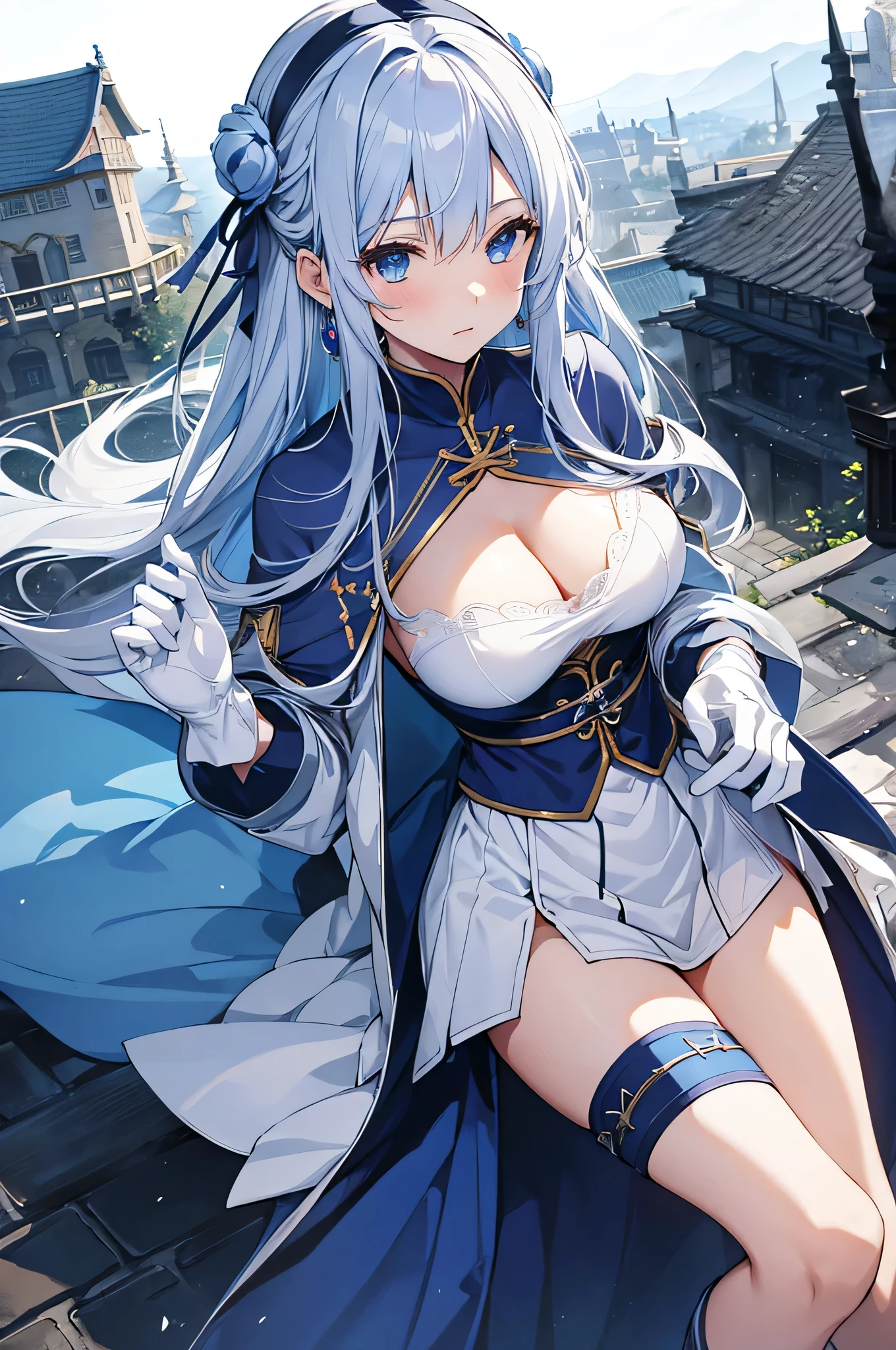 4k,High resolution,One Woman,Blue Hair,long hair,Big Breasts,knight,White knight outfit,White boots,White gloves,White hair band,Jewelry decoration,Long sword,Medieval castle town