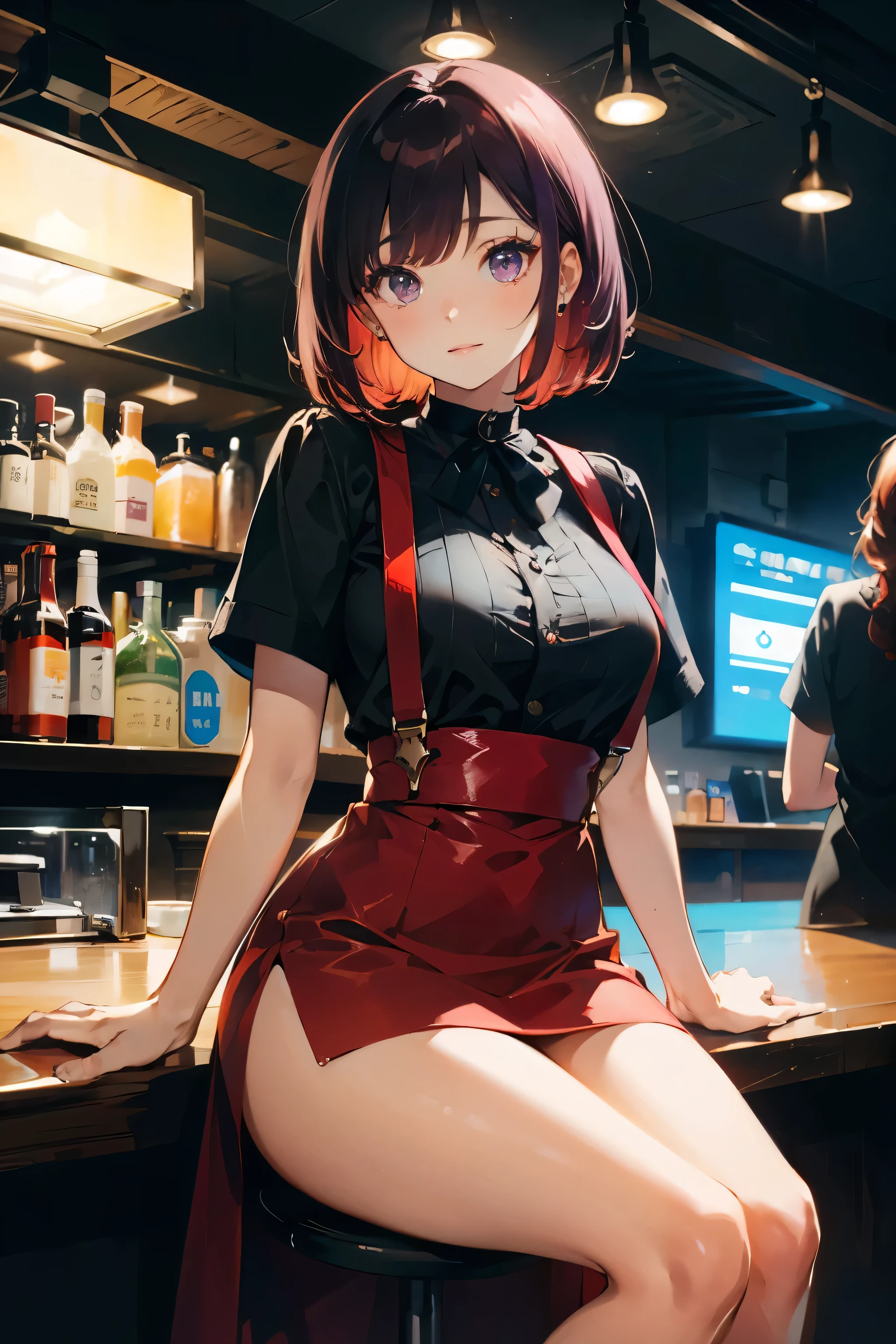 best qyality, perky tits, 8k, stocking suspenders, woman, medium breasts, jazz club, (red dress:1.2) (black dress:1.4), bob hairstyle, choker around the neck, starry eyes, ???? style, professional, (ginger hair:1.3) (purple hair:1.1) full height, girl sitting at the club counter, dim light indoors, japan