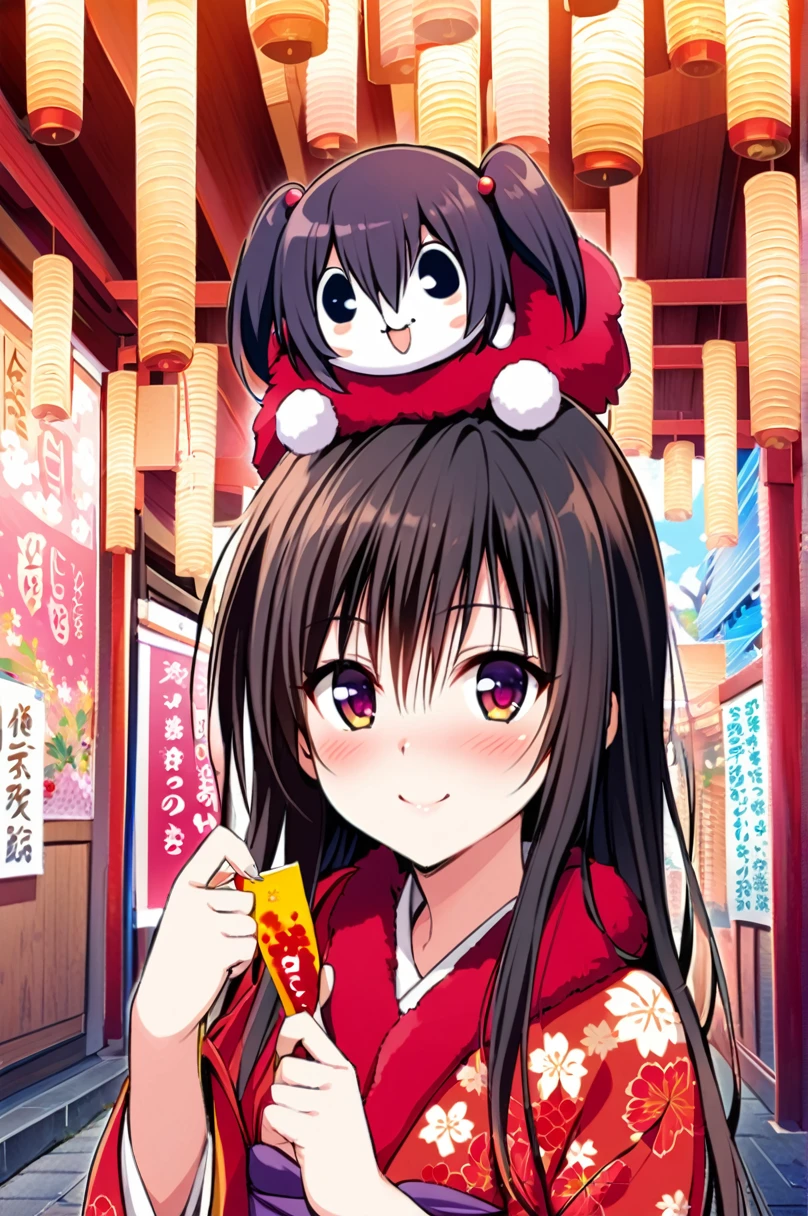 One girl,kotegawa yui,alone,japanese Clothes,smile,hair ornaments,kimono,blush,sash,heart,View your viewers,Long black hair,Space-colored eyes,Looking up,Holding,torii,Outdoor,red kimono,Floral print,Day,Mouth closed,Long sleeve,Wide sleeves,Upper Body,paper,Day光,print kimono,bangs,nose blush,Fur collar,Blurred,amount,Hair between the eyes,Pom-pom (Clothes),