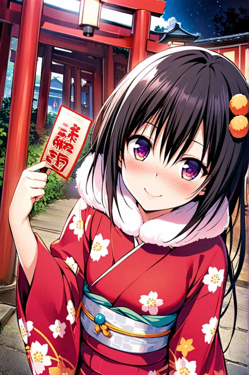 One girl,kotegawa yui,alone,japanese Clothes,smile,hair ornaments,kimono,blush,sash,heart,View your viewers,Long black hair,Space-colored eyes,Looking up,Holding,torii,Outdoor,red kimono,Floral print,Day,Mouth closed,Long sleeve,Wide sleeves,Upper Body,paper,Day光,print kimono,bangs,nose blush,Fur collar,Blurred,amount,Hair between the eyes,Pom-pom (Clothes),