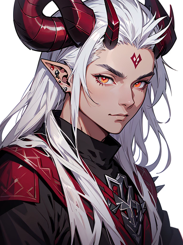 medieval anime art, masterpiece, best quality, by professional artist, male, solo, portrait, detailed composition, detailed eyes, (((white background))), elf ears, long silver hair, (((spiky black horns))), (((wearing black and burgundy wizard clothes))), orange eyes, earrings