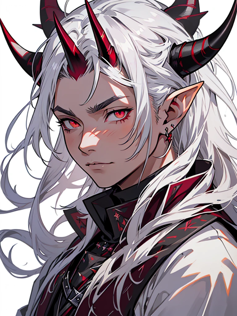 medieval anime art, masterpiece, best quality, by professional artist, male, solo, portrait, detailed composition, detailed eyes, (((white background))), elf ears, long silver hair, (((spiky black horns))), (((wearing black and burgundy wizard clothes))), orange eyes, earrings
