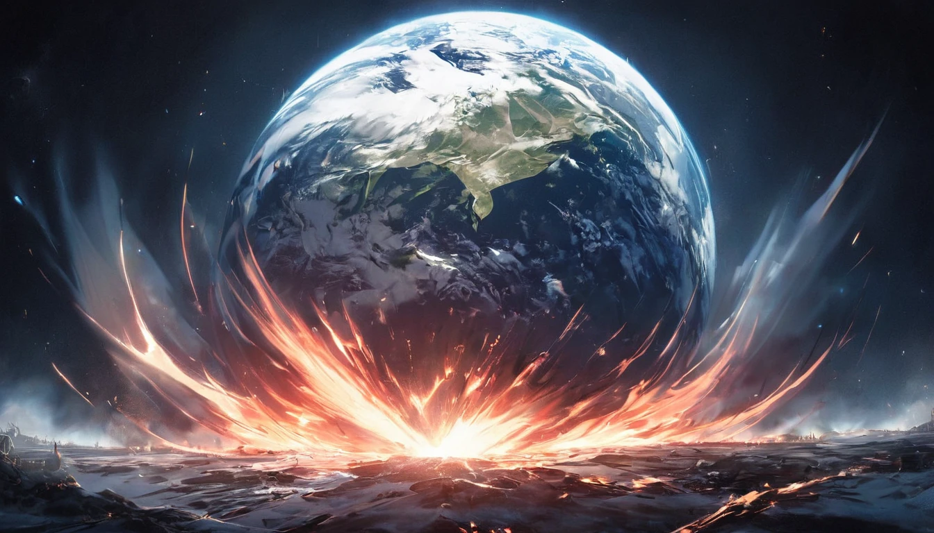 Resolution full,  very accurate, best quality, masterpiece,  cinematic lighting, full HD, very sharpener, best art, very accurate, 1earth, 1 earth destroyed earth, earth explode, end of world, nuclear, space, dark, dark theme, dark