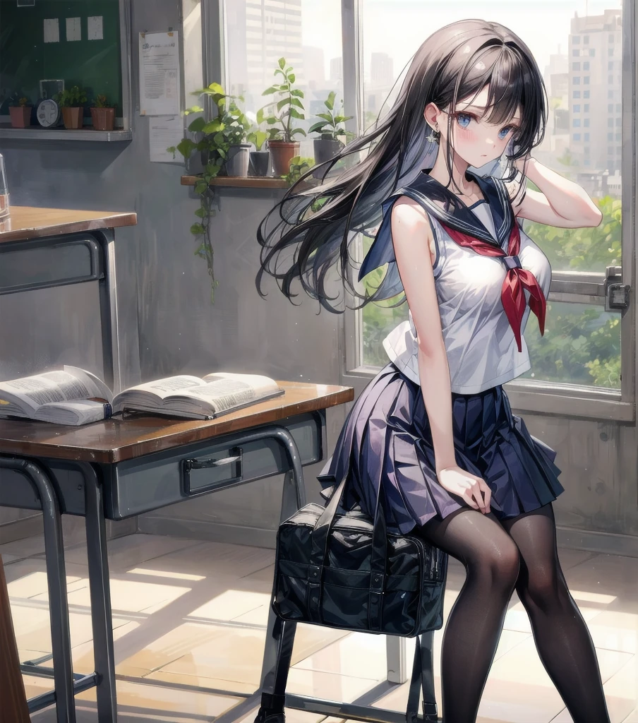 full body, earring, medium hair, medium tits, tearful mole, school_uniform, sailor uniform, sleeveless, school, classroom,