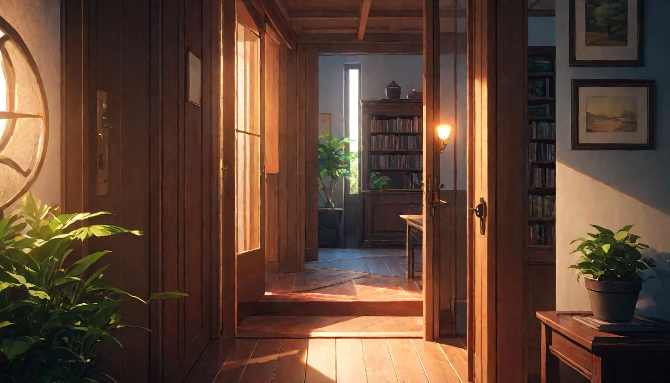 (best quality, 4k, 8K, high resolution, masterpiece: 1.2), Very detailed, (nobody: 1.5), Outside the door,Open door, indoor,cozy indoor, lamp, bookshelf, Potted plants