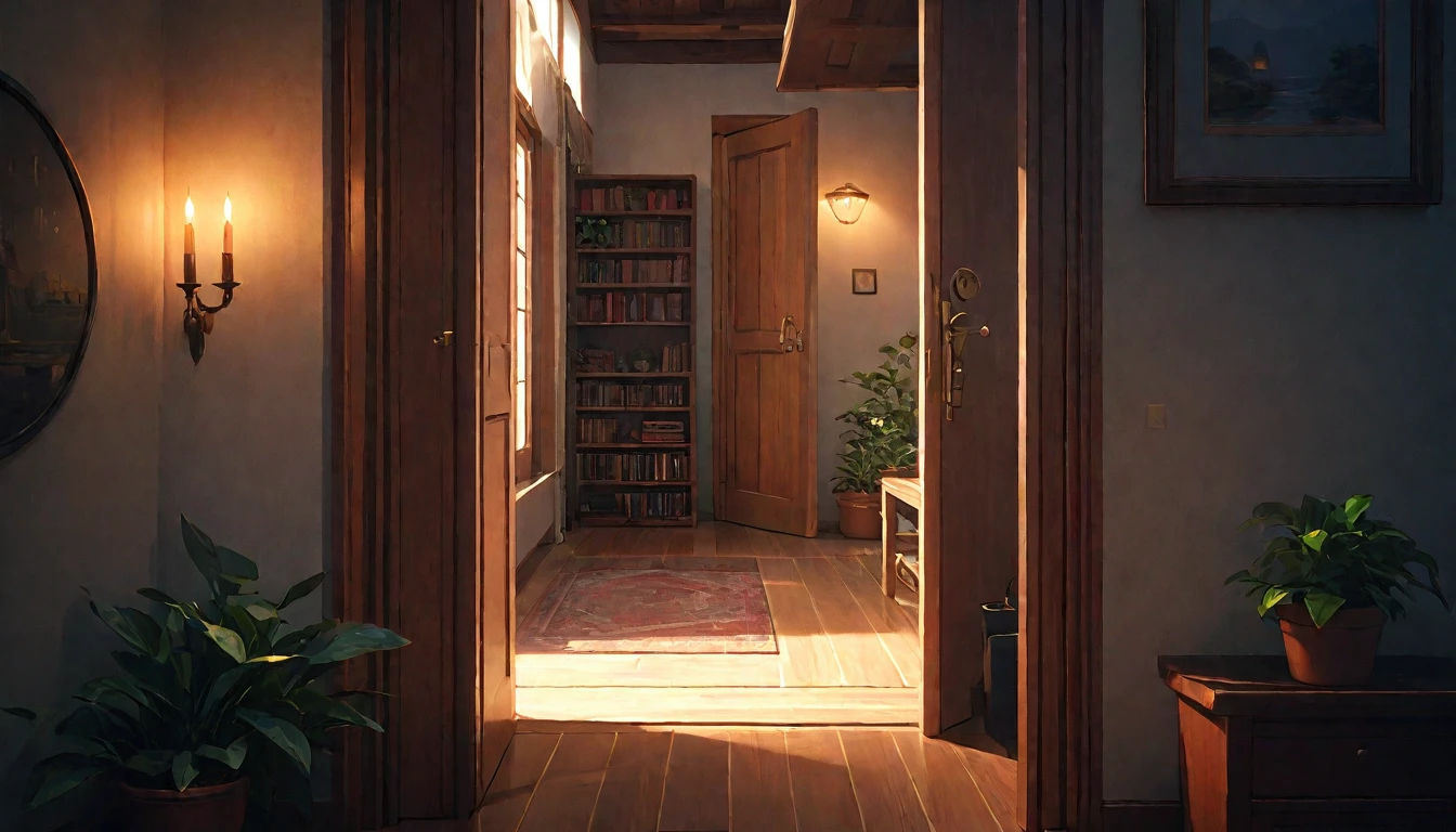 (best quality, 4k, 8K, high resolution, masterpiece: 1.2), Very detailed, (nobody: 1.5), Outside the door,Open door, indoor,cozy indoor, lamp, bookshelf, Potted plants
