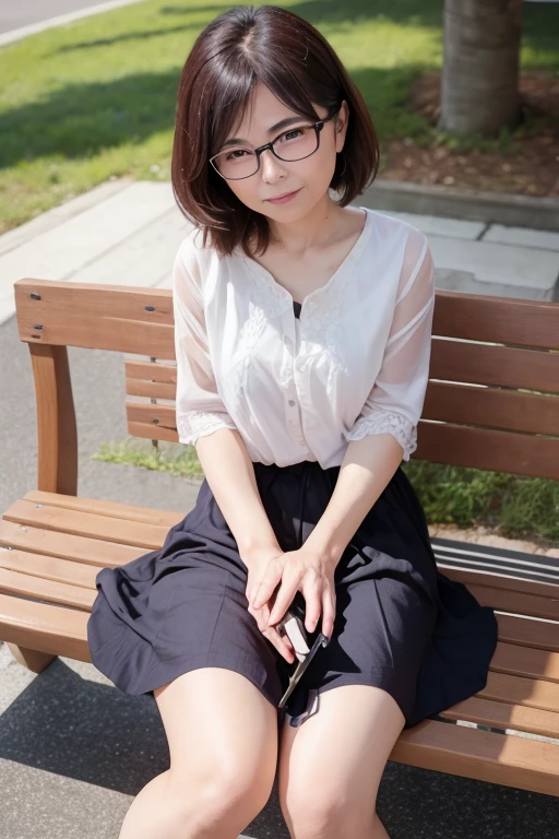 Highest quality、masterpiece、High sensitivity、High resolution、detailed、４５Old slim body、Glasses、Thin thighs、Sit on a bench、Legs apart、