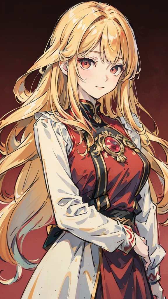 Woman , shoulder-length wavy blonde hair, shoulder-length wavy blonde hair, shoulder-length wavy hair, shoulder-length wavy hair, crimson eyes, crimson eyes, FOV, f1.8, masterpiece, front portrait shot, black and red casual clothing, plain red colored background, smiling, right side bangs