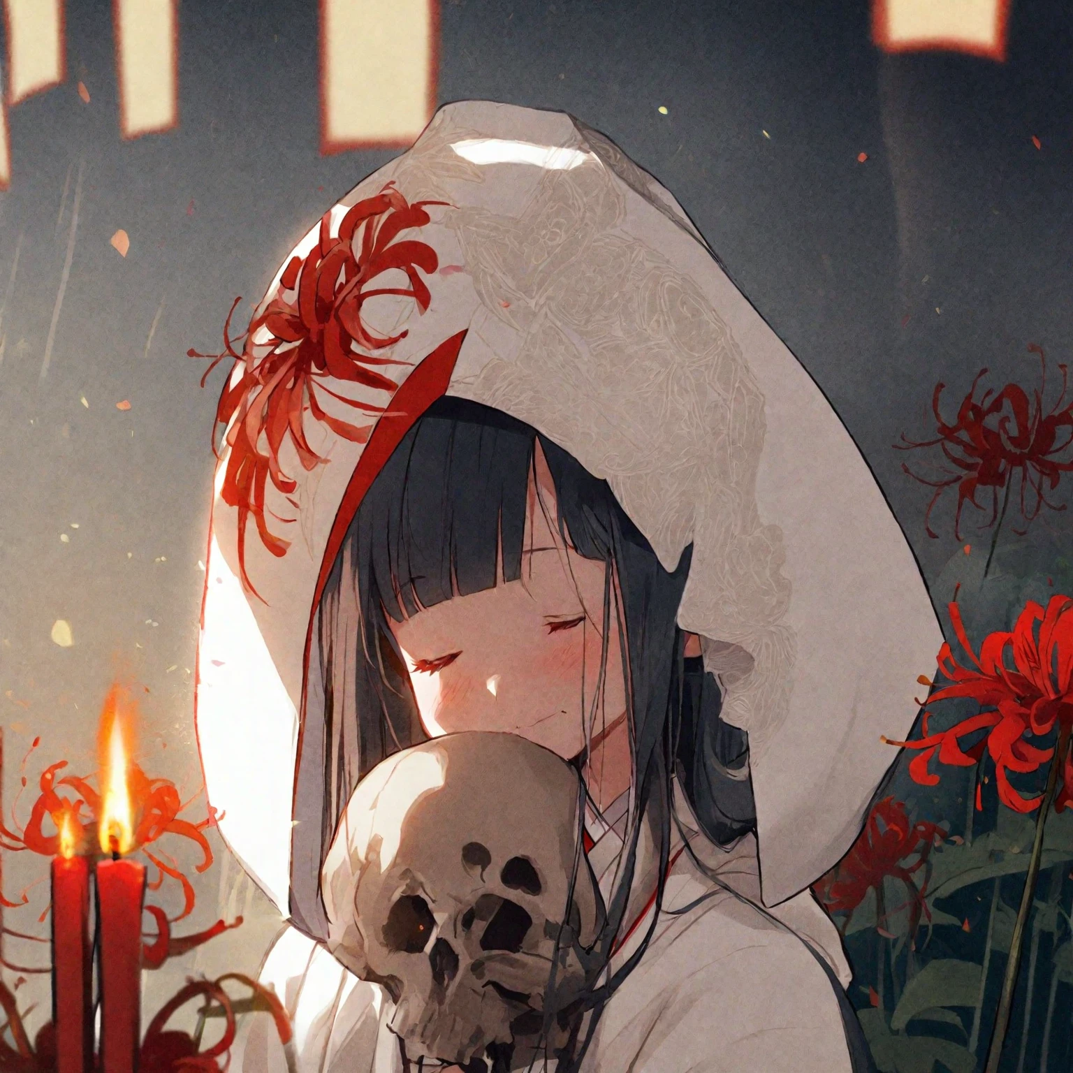 1girl、Black hair, long hair、straight hair、
white kimono,wedding,wataboushi,uchikake,standing,white hood,、shiromuku、 skull, cheeks to skull, red candle、red spider Lily、flower garden、evening,faint light、deep shadows
