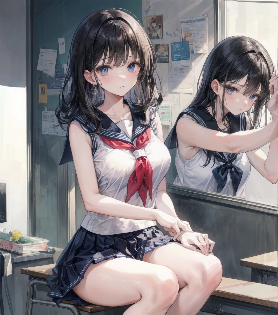 full body, earring, medium hair, medium tits, tearful mole, school_uniform, sailor uniform, sleeveless, school, classroom,
