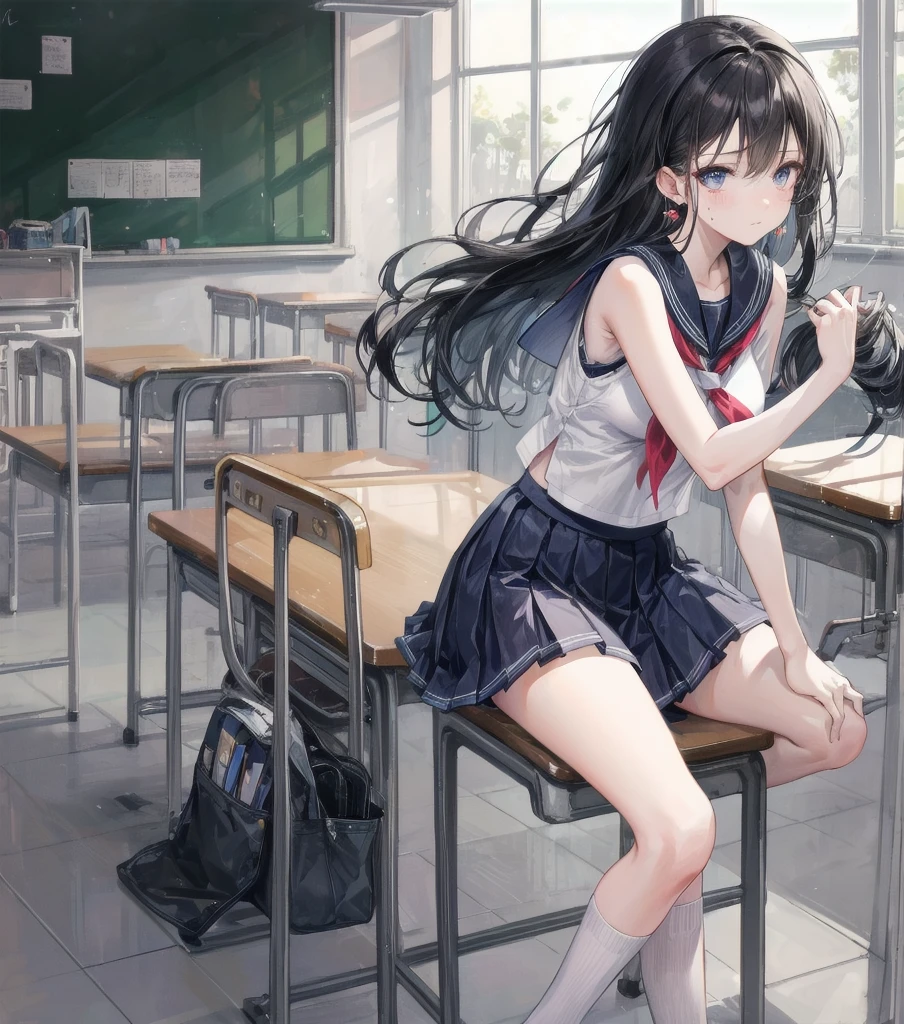 full body, earring, medium hair, medium tits, tearful mole, school_uniform, sailor uniform, sleeveless, school, classroom,