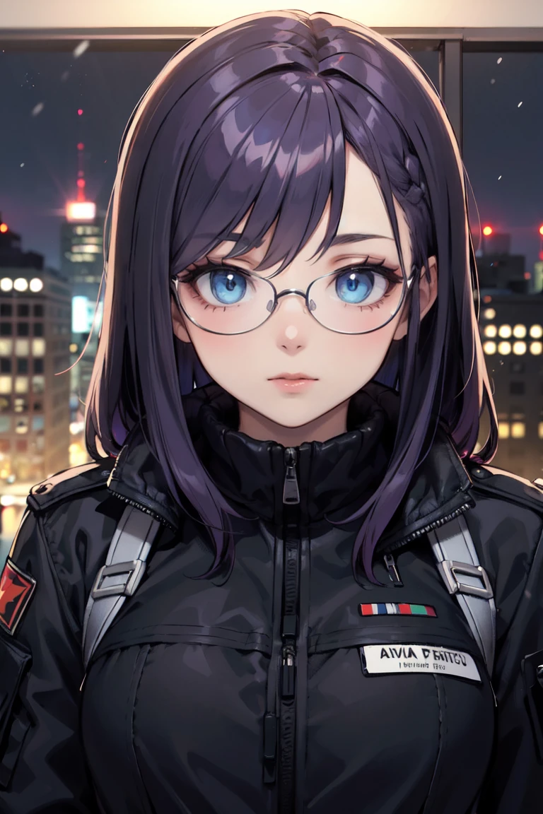 ((best quality)), ((masterpiece)), (detailed), perfect face, 1 girl, purple hair, blue beautiful eyes, tactical gear, military, city. Night, winter, glasses