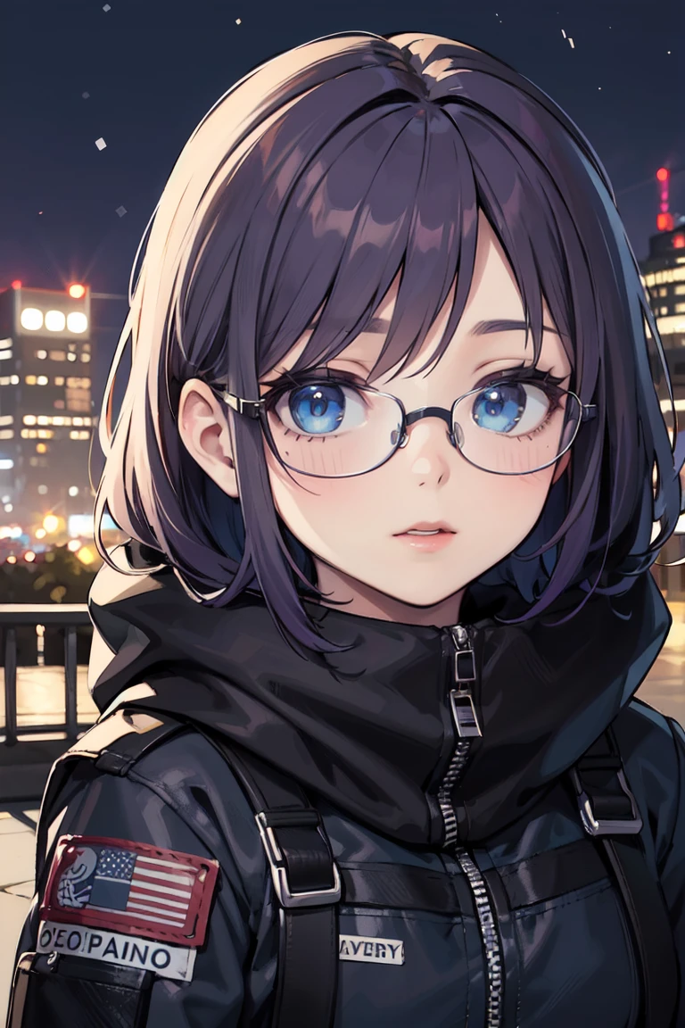 ((best quality)), ((masterpiece)), (detailed), perfect face, 1 girl, purple hair, blue beautiful eyes, tactical gear, military, city. Night, winter, glasses