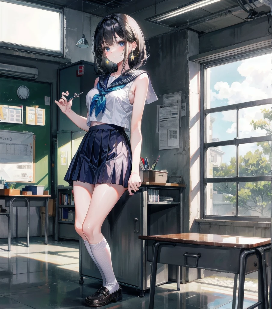 full body, earring, medium hair, medium tits, tearful mole, school_uniform, sailor uniform, sleeveless, school, classroom,