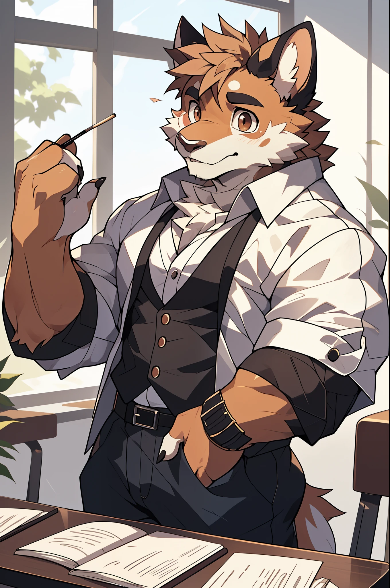 (highest resolution, Dynamic HDR, 4k, full HD) , furry, About 30 years old, หมาป่าขนbrown, ตัวbrown, brown_eyes, Random clothes, A little embarrassed, shrink, upper body, round_cornea ,muscle ,Professor ,teacher ,Big one