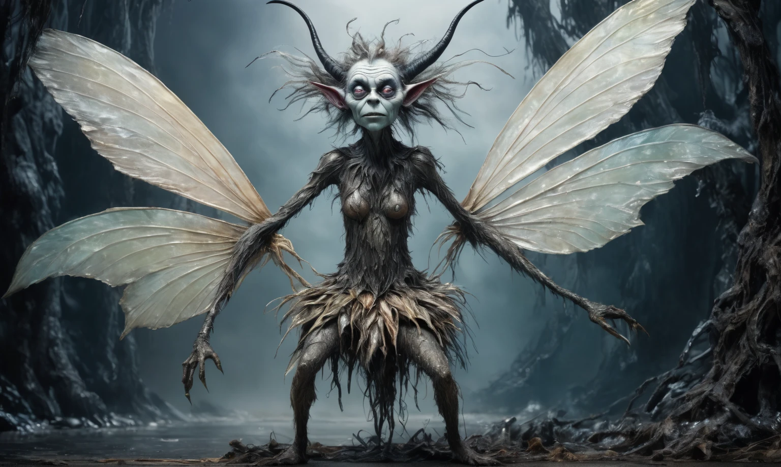 full-body-shot,Very tall pearl fairy, who can't fly,Cinematic,Muted colors, Technicolor,natural skin textures, hyper realisitc, hyper detailed,Extremely detailed,High contrast,Masterpiece,Realistic,Ultra Detailed,mother-of-pearl leather,Quentin Blake Style Photography, wlop,full body length,once pretty,full body,bailong plant Caribbean sparas made of dead charcoal plants,charcoal Alien Krampus,ominous winter landscape, 
intricate details,realistic humid skin,extremly intricate,Epic Realistic, Romantic, cinematic style,irina yermolova,Nicola Samori,Wangechi Quality,orc, messy hair,urban,luminous eyes,extremely detailed,
[night landscape],masterpiece,intricate details,faded,eyes extremely detailed,
high detailed eyes,4k resolution,RAW, Nikon Z9